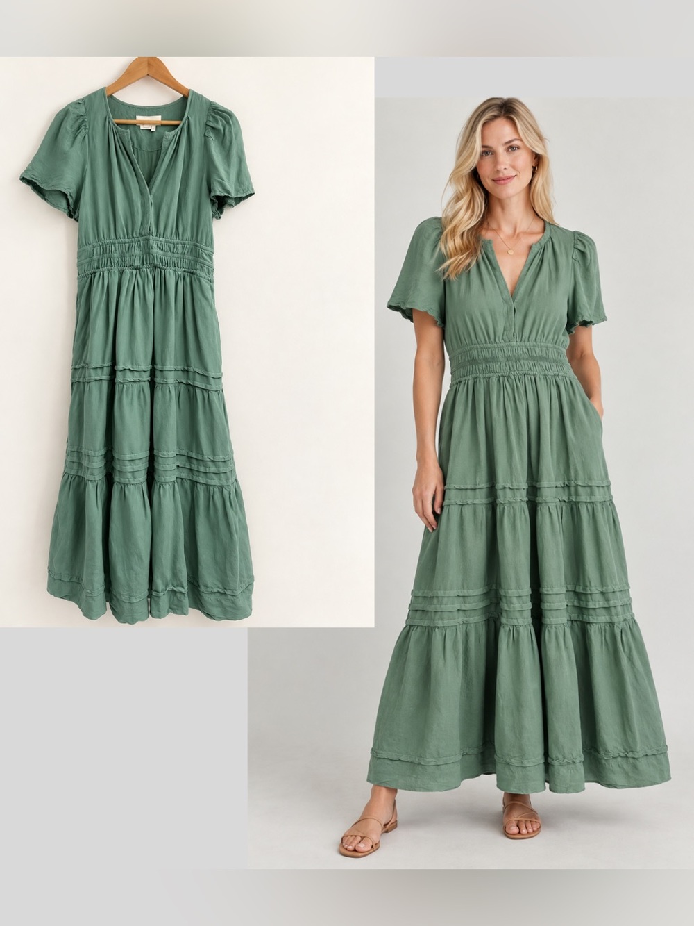 Anthropologie Sage Green Tiered Maxi Dress